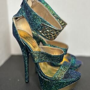 Qupid Cute gently used Sexy Blue/Green Sparkle Platform Heels with back zippe W7